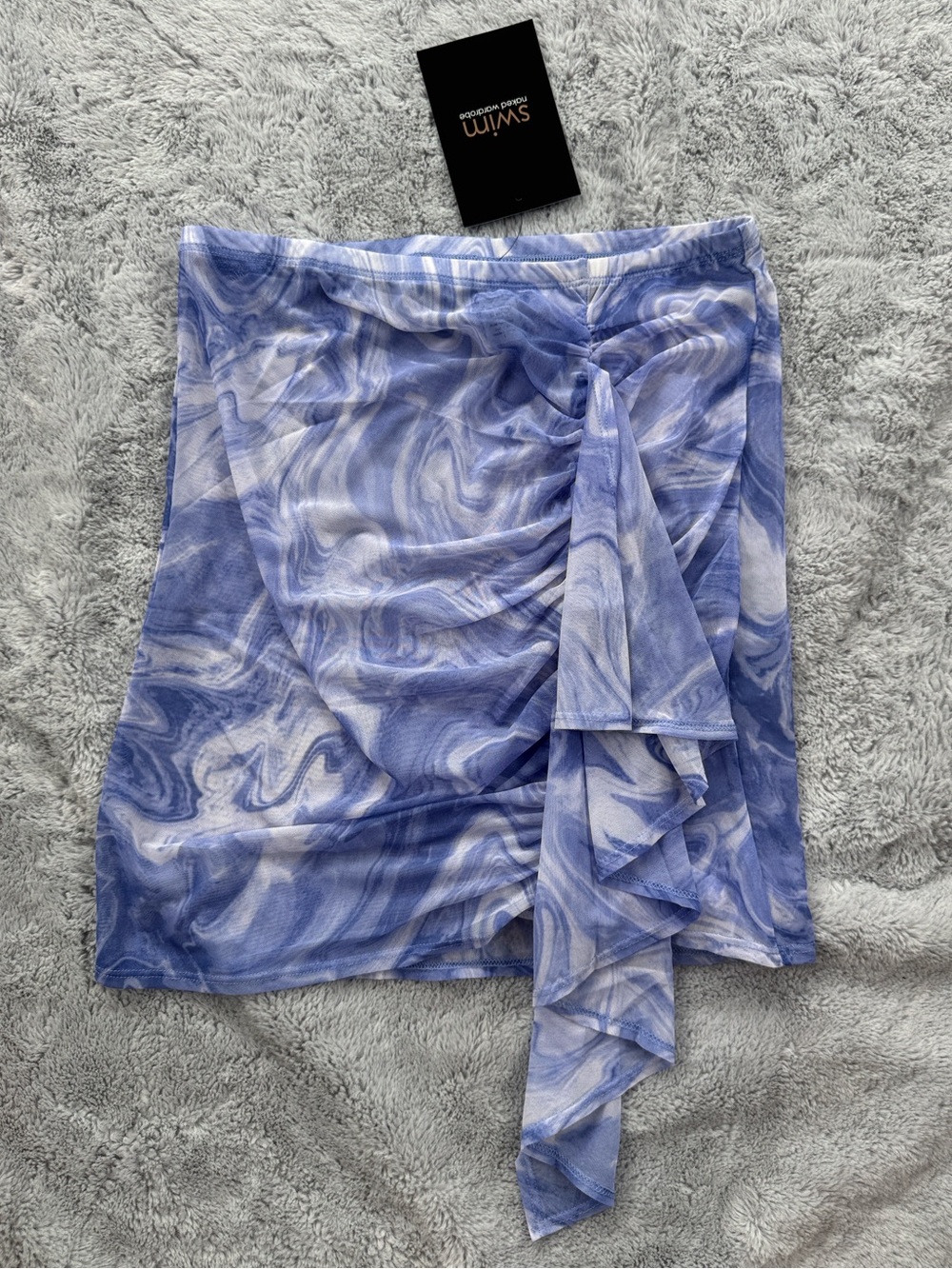 Naked Wardrobe Swim Mesh Ruched Ruffle Mini Skirt Marble Swirl Blue Large